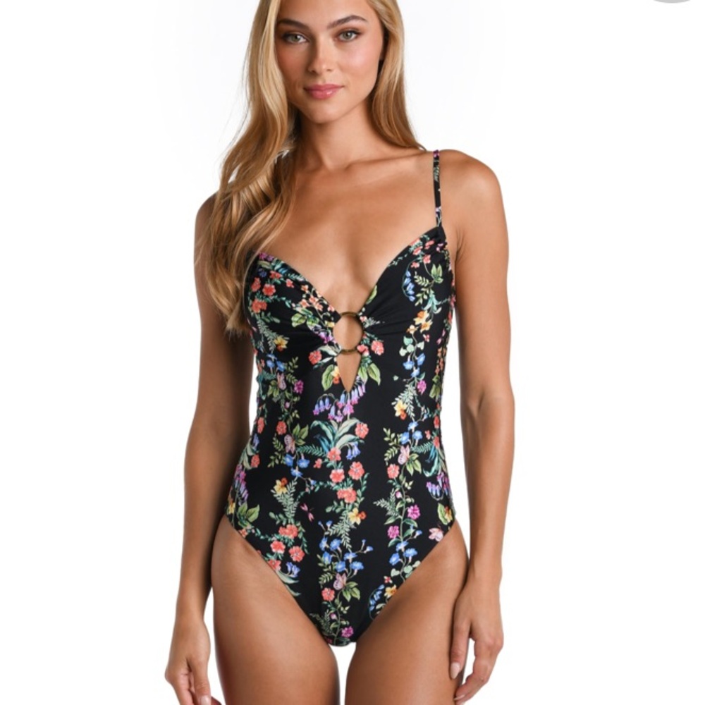 NWT Sunshine 79 Women's Plunge Mio One Piece Swimsuit Black//Wildflower Vines 4